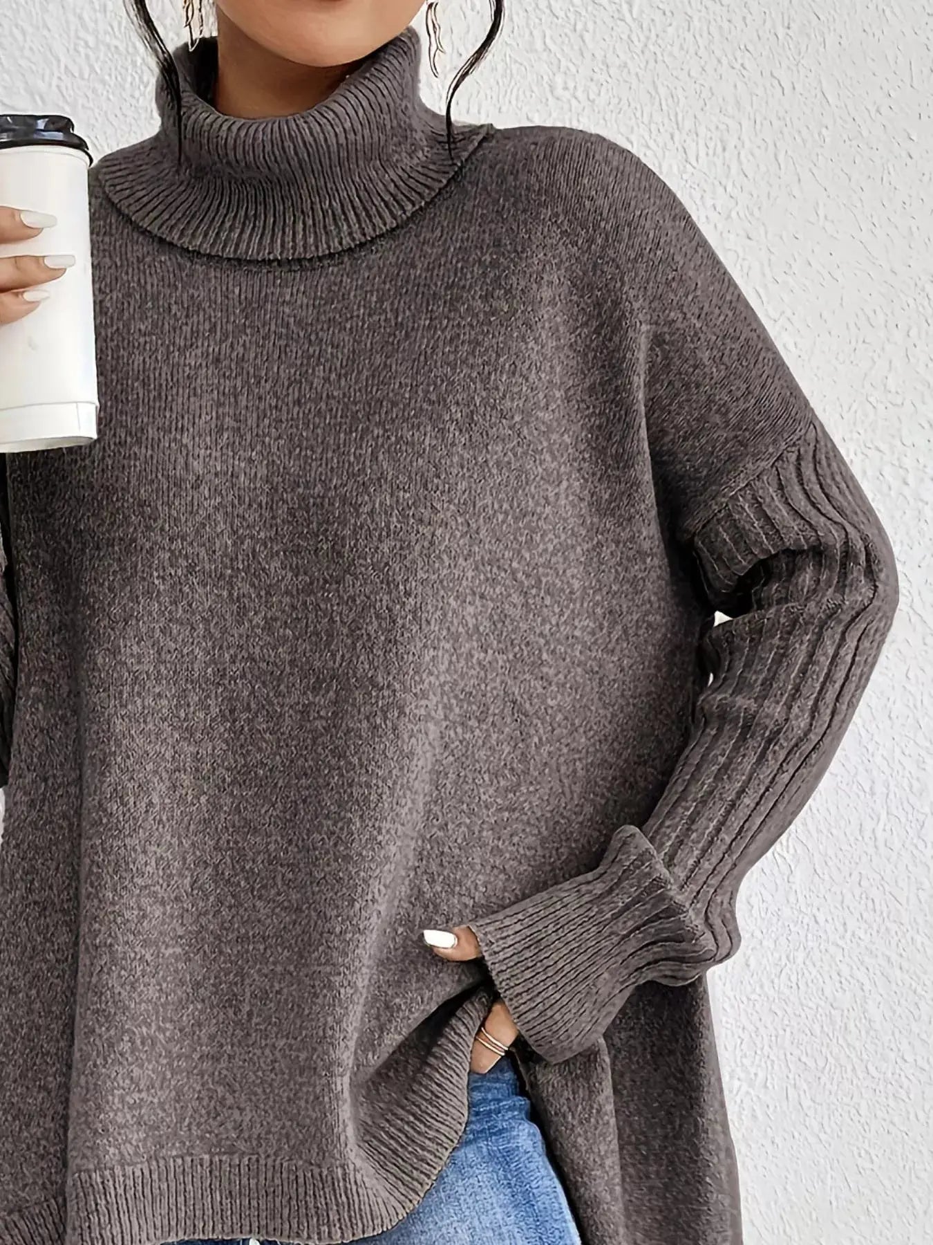 Turtleneck High-Low Hem Sweater Simply Love