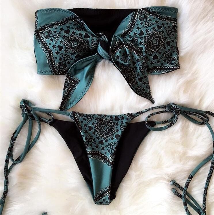 Retro Printed Bikini Front Knotted Swimsuit Female Tied Swimsuit Bikini Bella Mia
