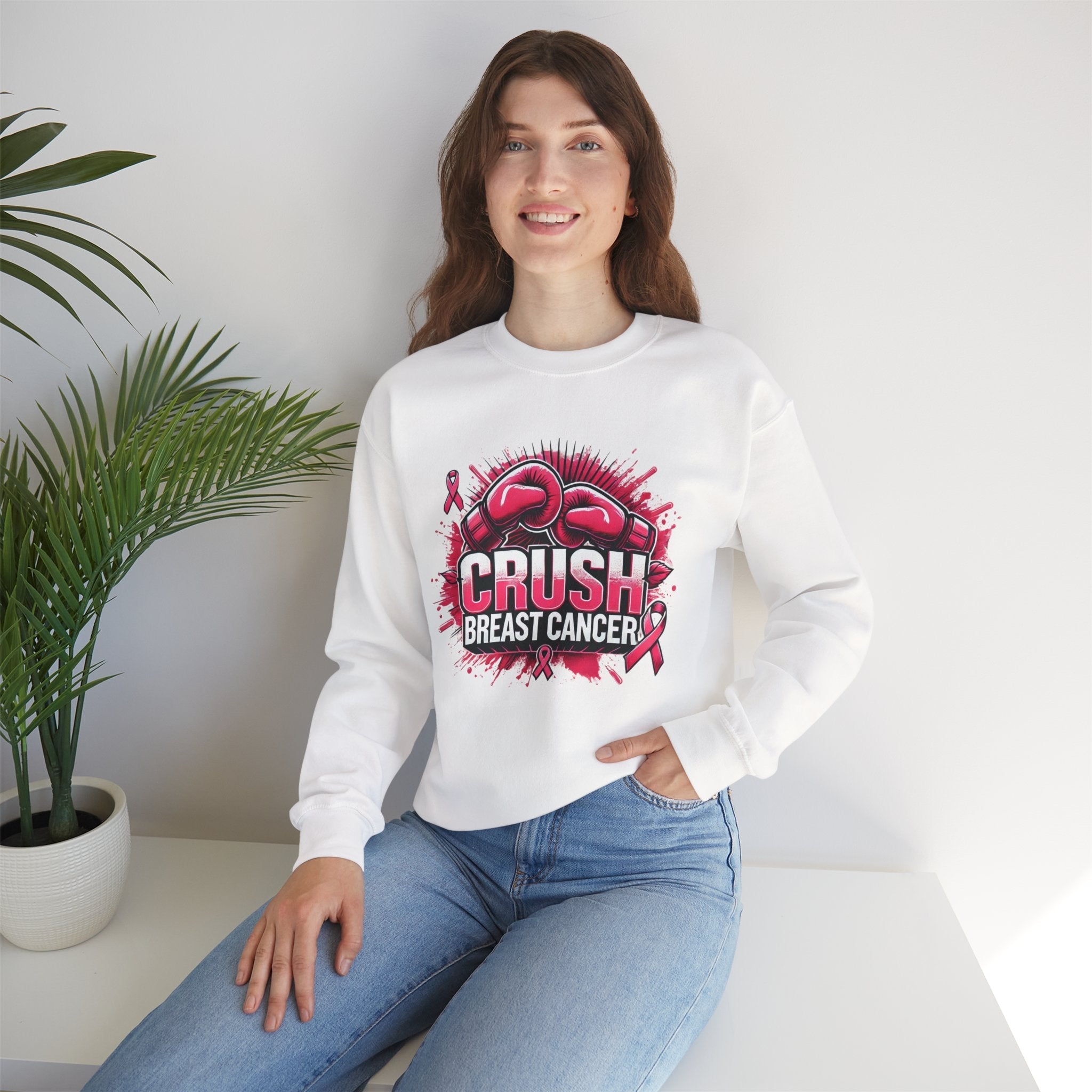 Crush Breast Cancer Awareness Sweatshirt Unisex Crewneck Gildan 18000 With Boxing Gloves Graphic Size S To 4XL Coco’s Tee Boutique