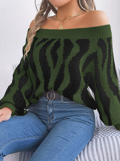 Off-Shoulder Animal Print Long Sleeve Sweater.