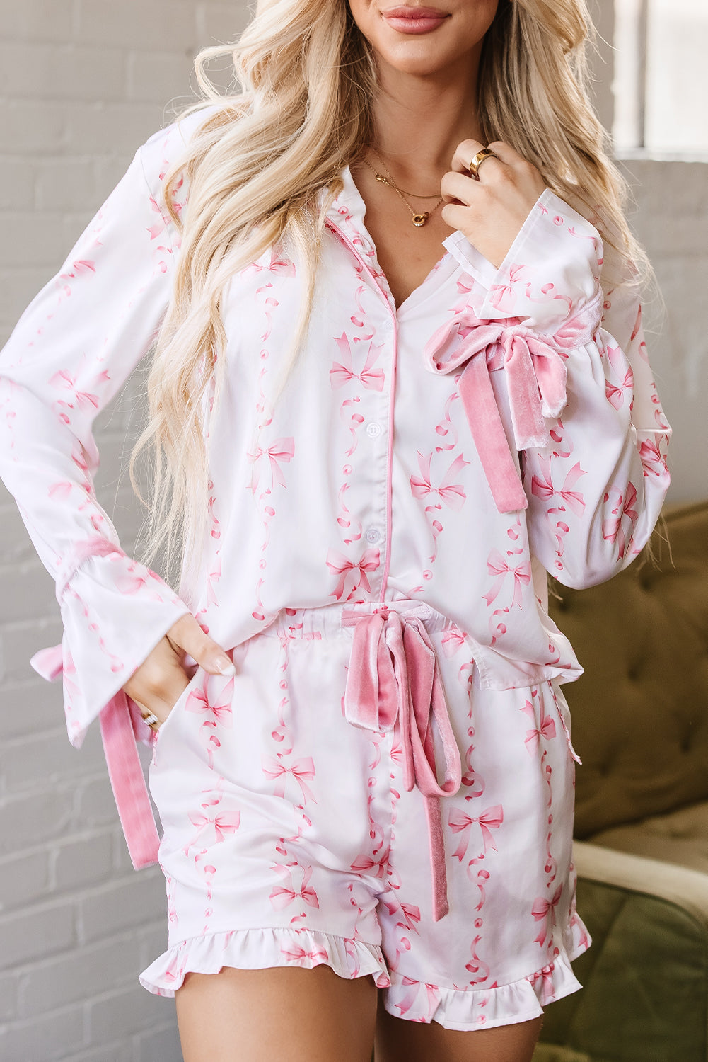 Pink Satin Bow Bell Sleeve Shirt and Ruffled Shorts Pajama Set