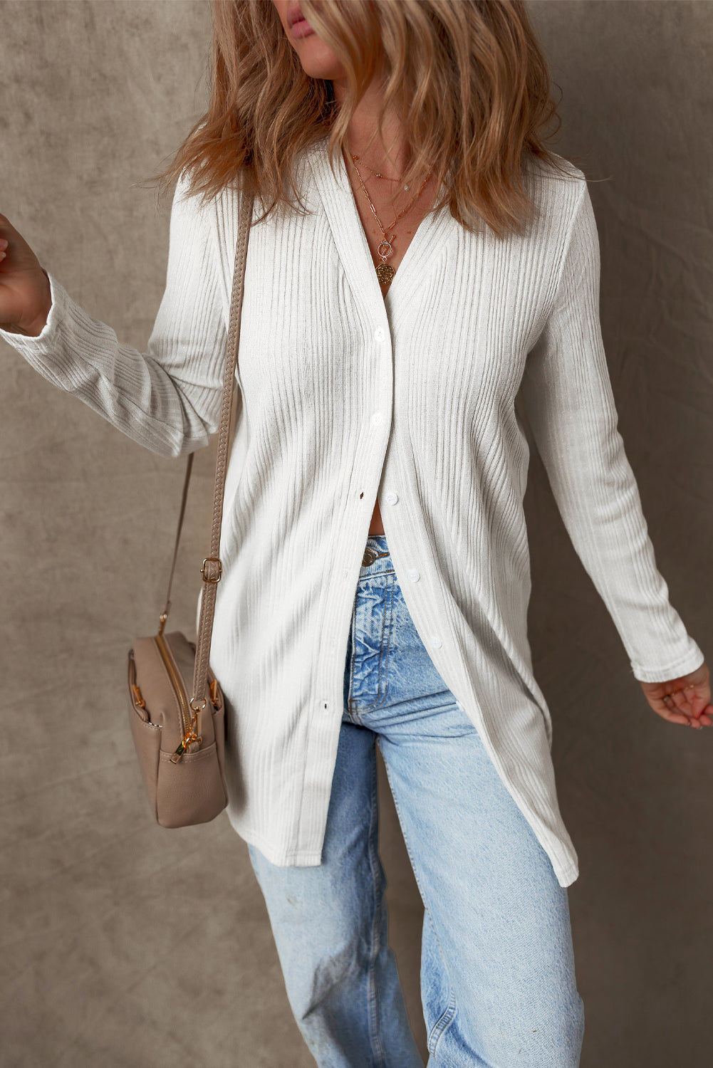 Chic White Ribbed Button-Up Long Sleeve Tunic Cardigan