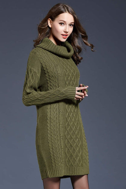 Woven Right Full Size Mixed Knit Cowl Neck Dropped Shoulder Sweater Dress.