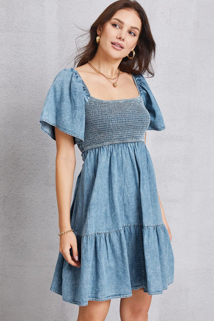 Smocked Square Neck Mini Denim Dress.