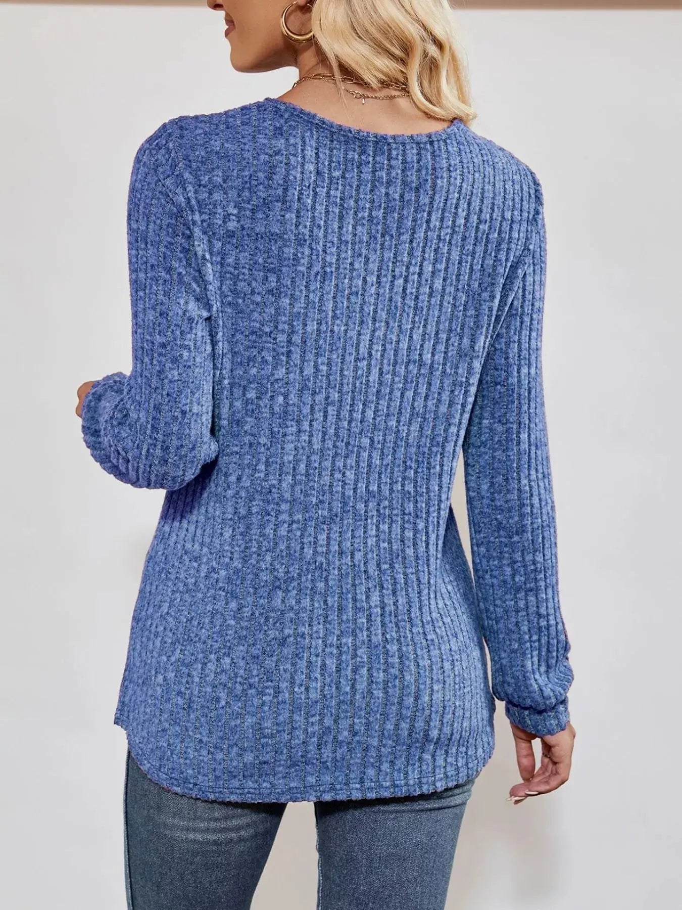 Ribbed Knit V-Neck Long Sleeve T-Shirt Simply Love