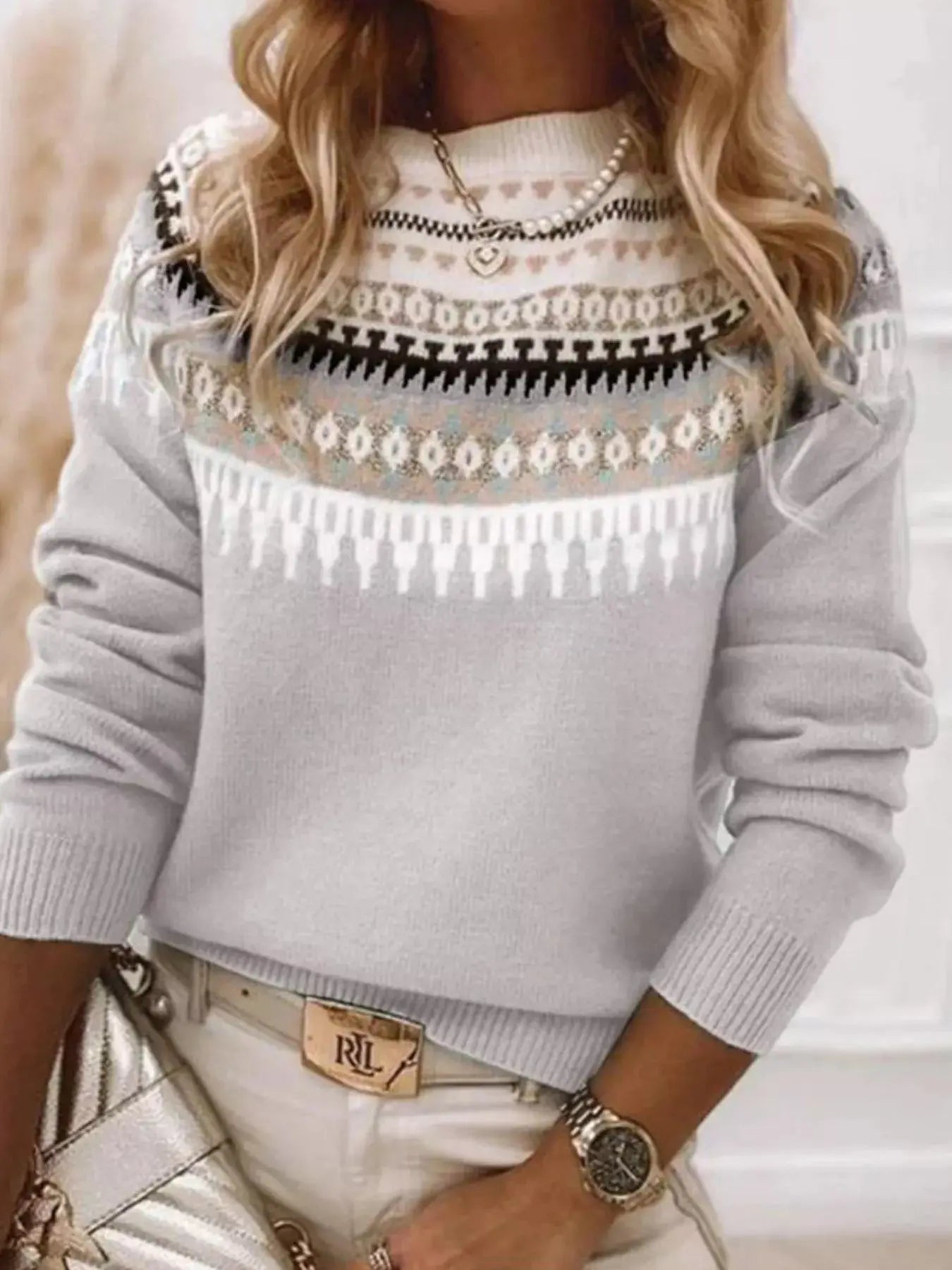 Full Size Vintage Patterned Round Neck Sweater Plus Size Simply Love