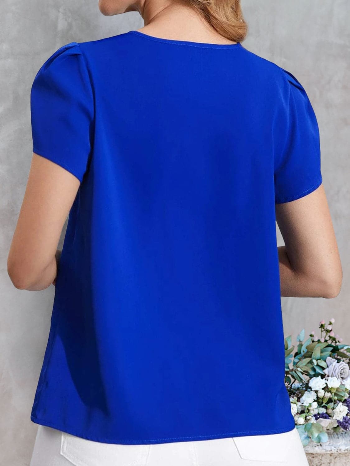 Ruched Round Neck Short Sleeve Blouse.