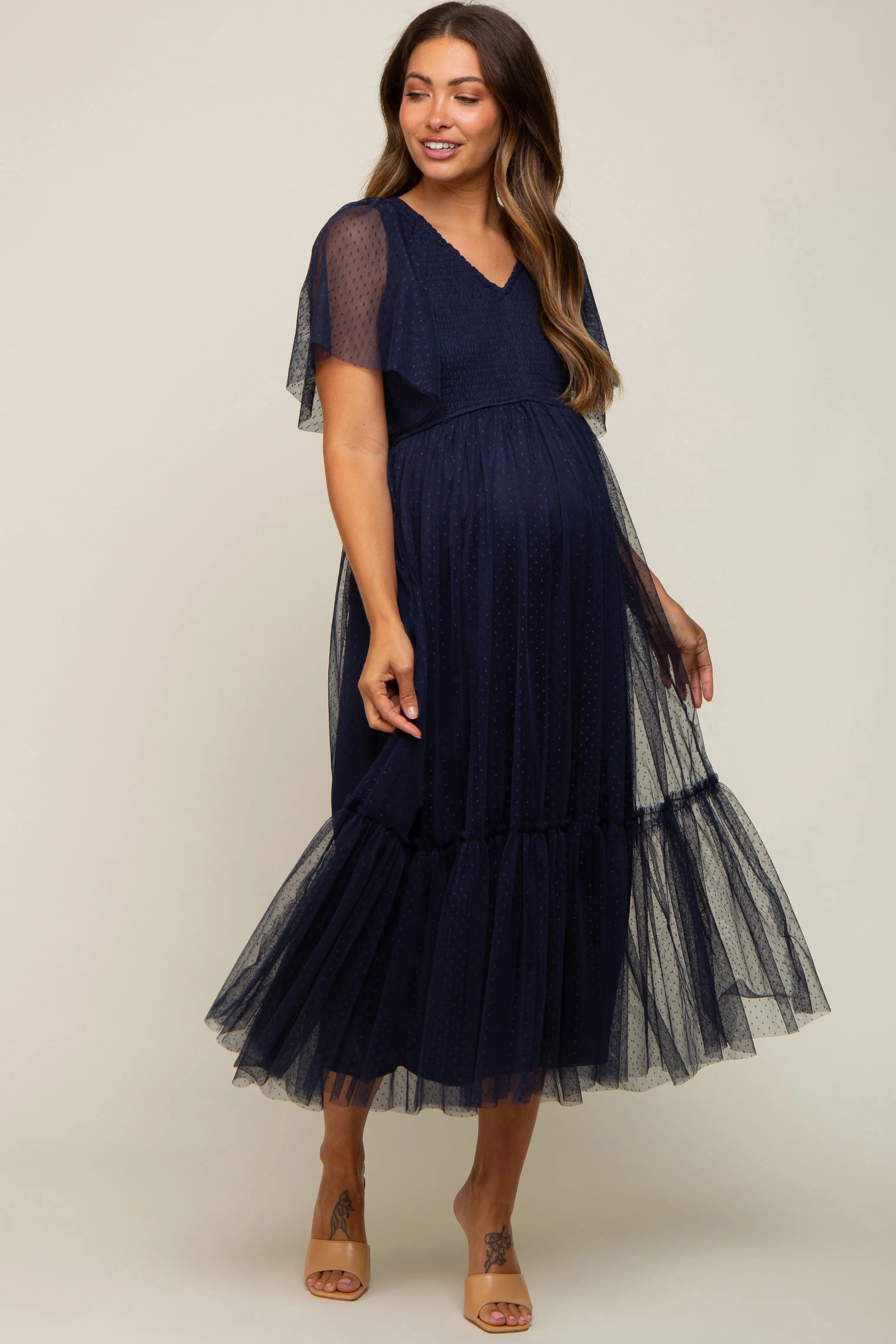 Navy Blue Dotted Tulle Smocked Maternity Midi Dress PinkBlush