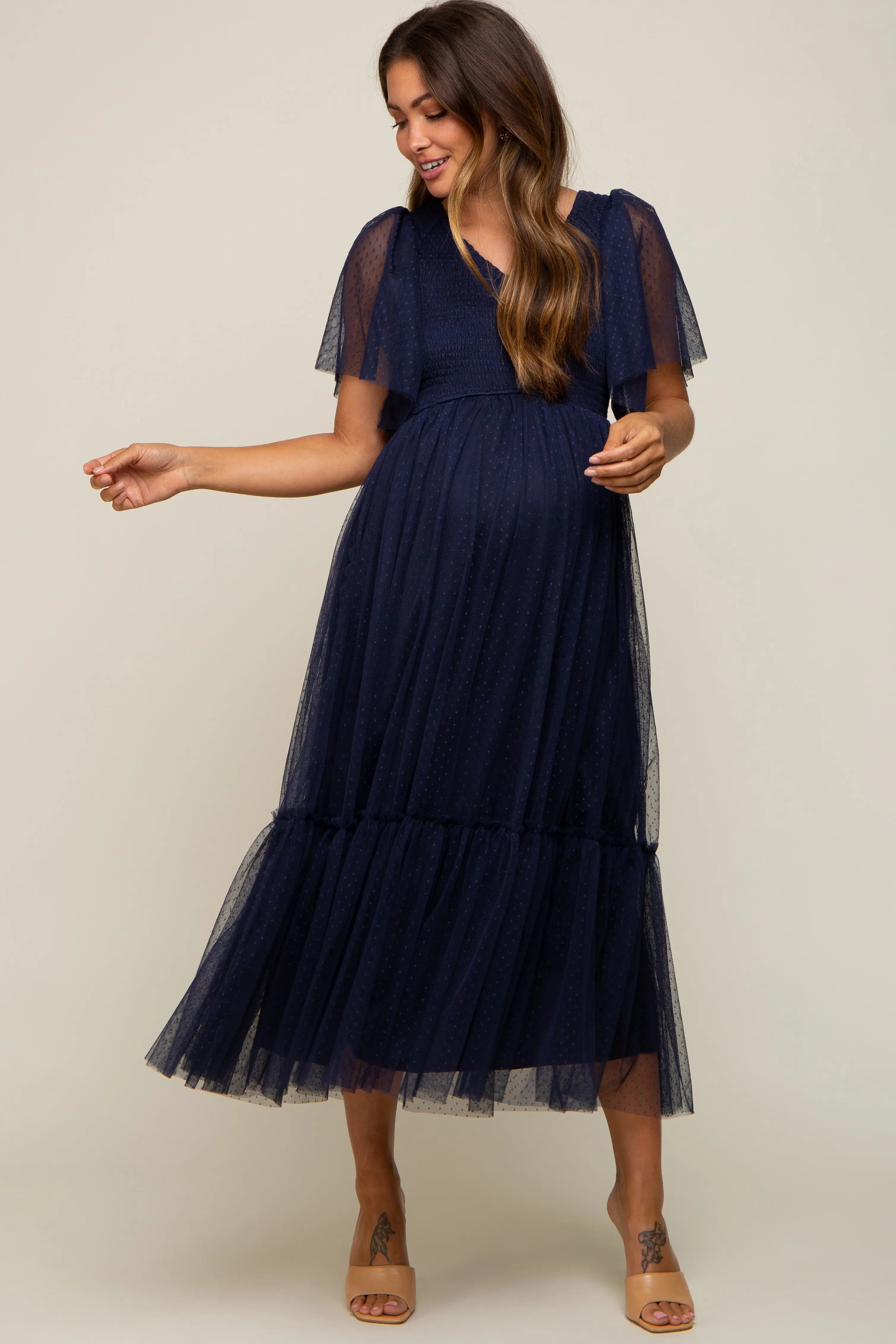 Navy Blue Dotted Tulle Smocked Maternity Midi Dress PinkBlush