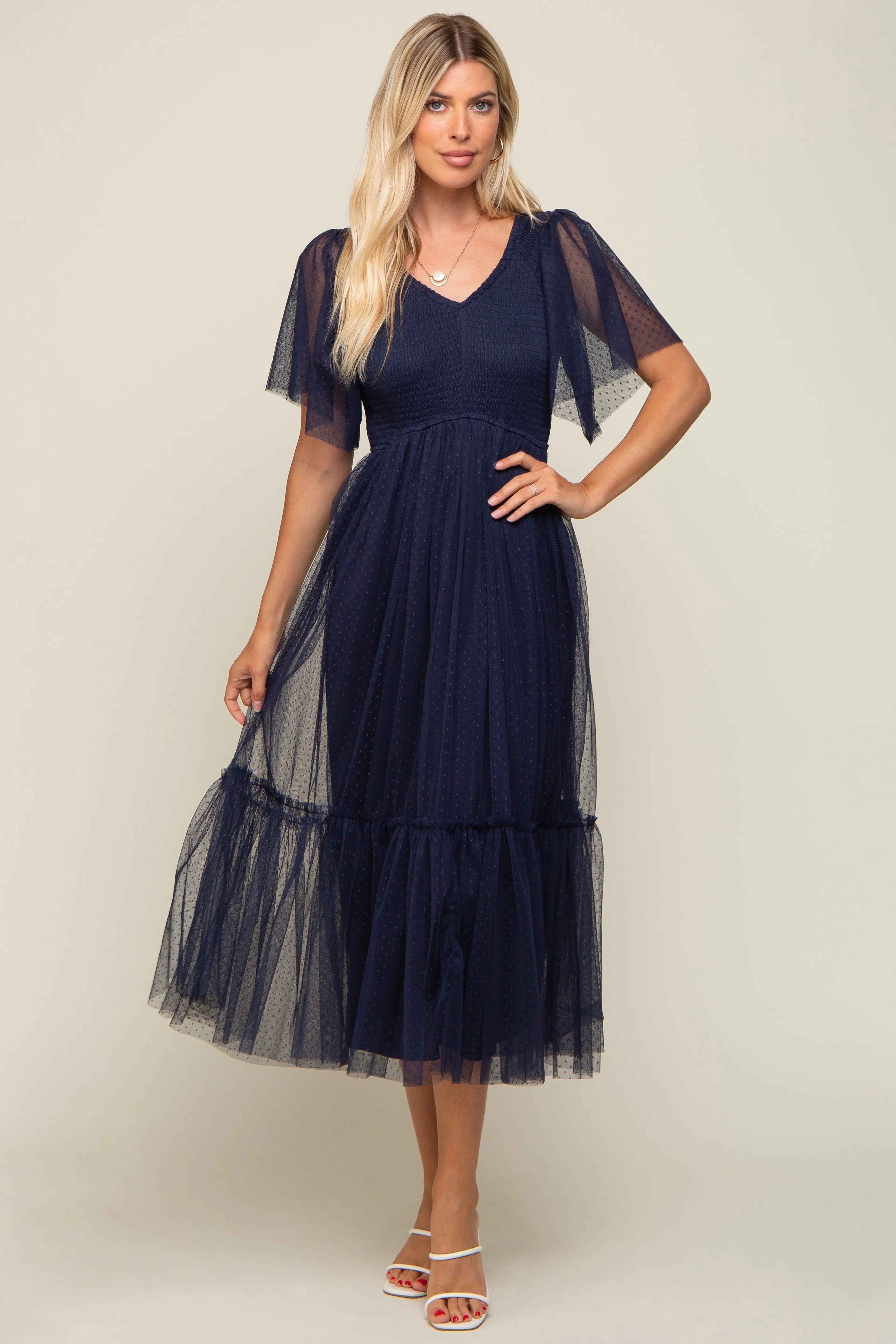 Navy Blue Dotted Tulle Smocked Maternity Midi Dress PinkBlush