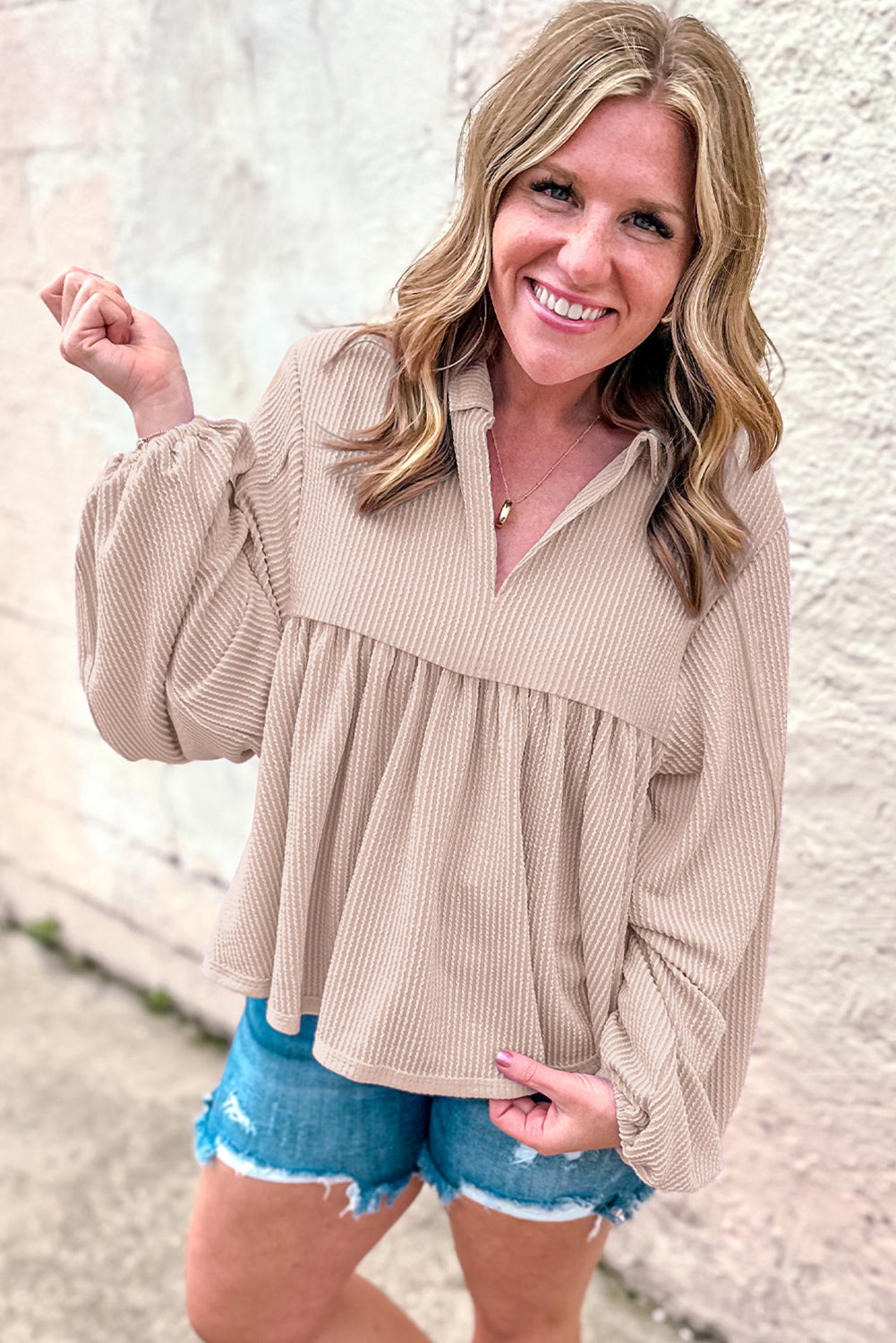 Parchment V-neck bubble sleeve babydoll blouse with corded texture