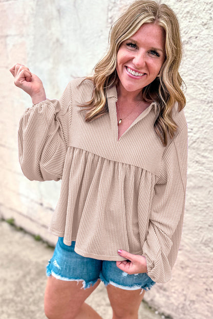 Parchment V-neck bubble sleeve babydoll blouse with corded texture