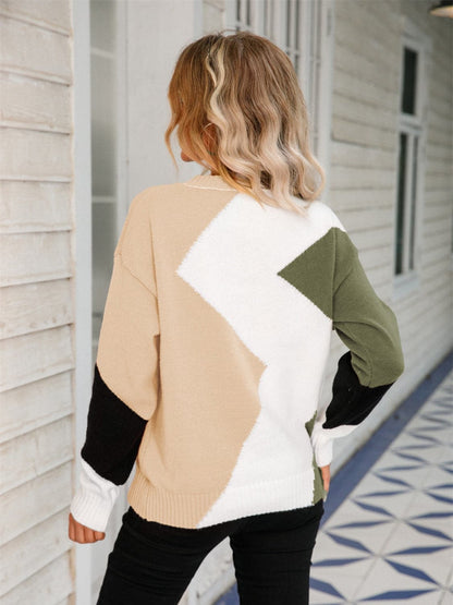 Color Block Round Neck Dropped Shoulder Sweater.