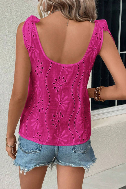 Elegant rose red embroidered V-neck tank with knotted straps