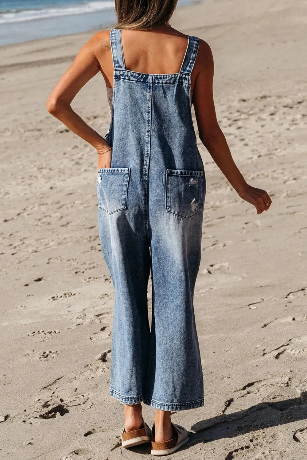Distressed Bib Pocket Wide Leg Denim Overalls Simply Love