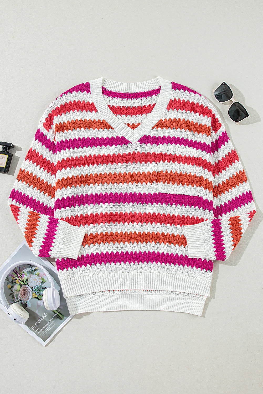 Chic pink striped v-neck plus size sweater with drop shoulders