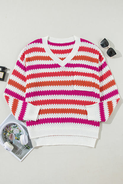 Chic pink striped v-neck plus size sweater with drop shoulders