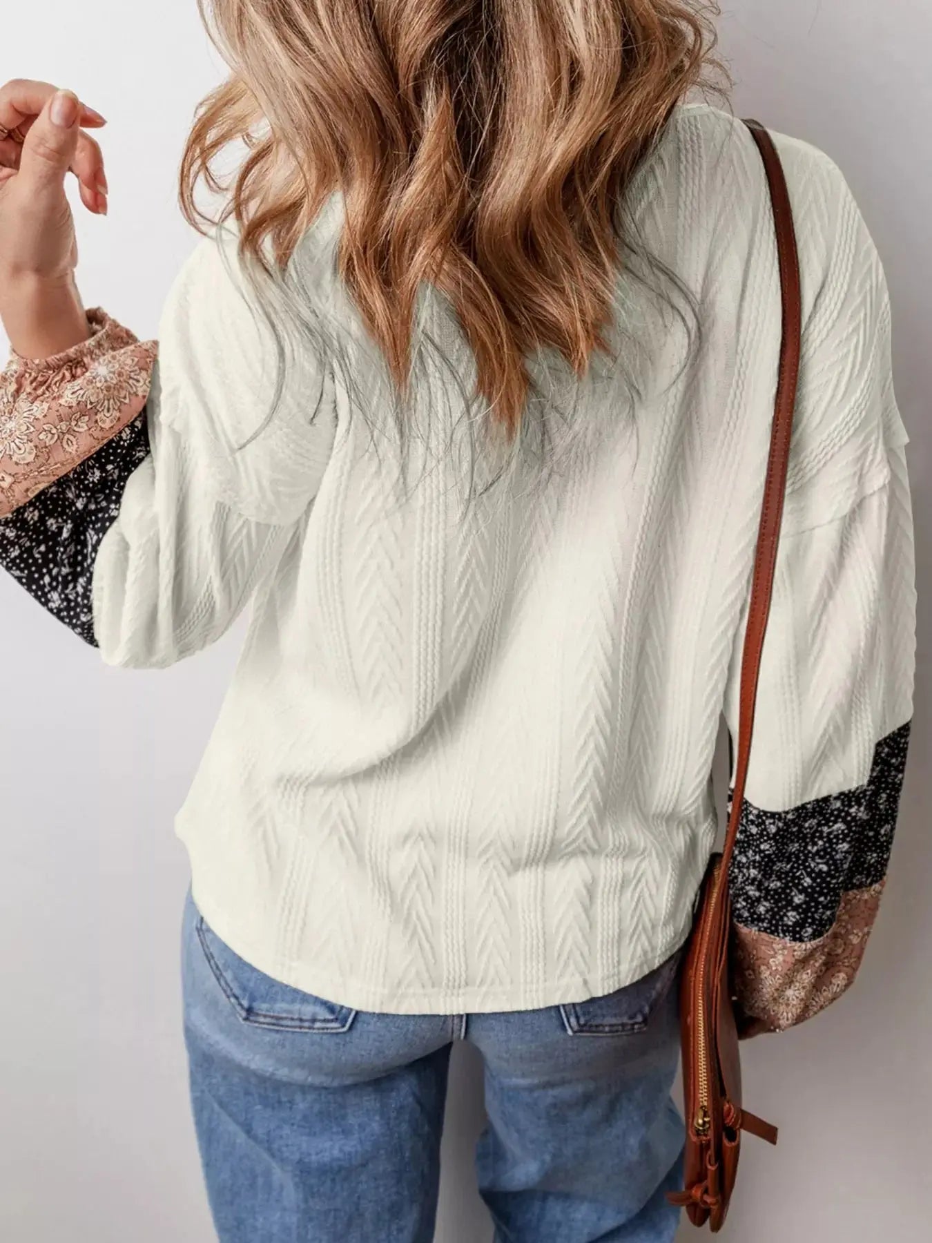 Floral Patchwork Textured Knit Drawstring V Neck Blouse Simply Love