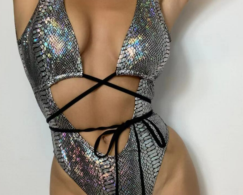 One Piece Swimsuit Women Sexy Backless Sleeveless Faux Leather Lace up Swimsuit Bella Mia