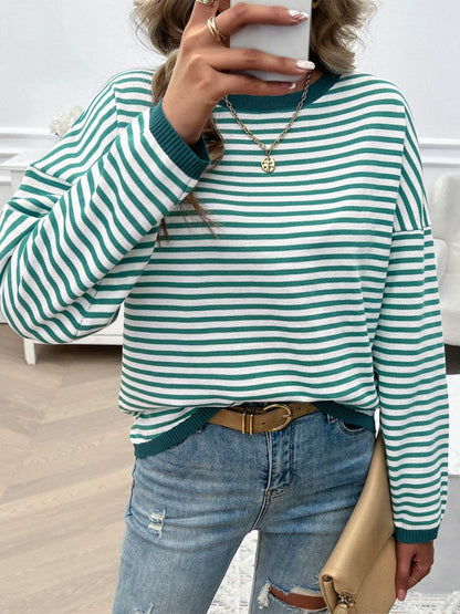 Striped Round Neck Dropped Shoulder Sweater.