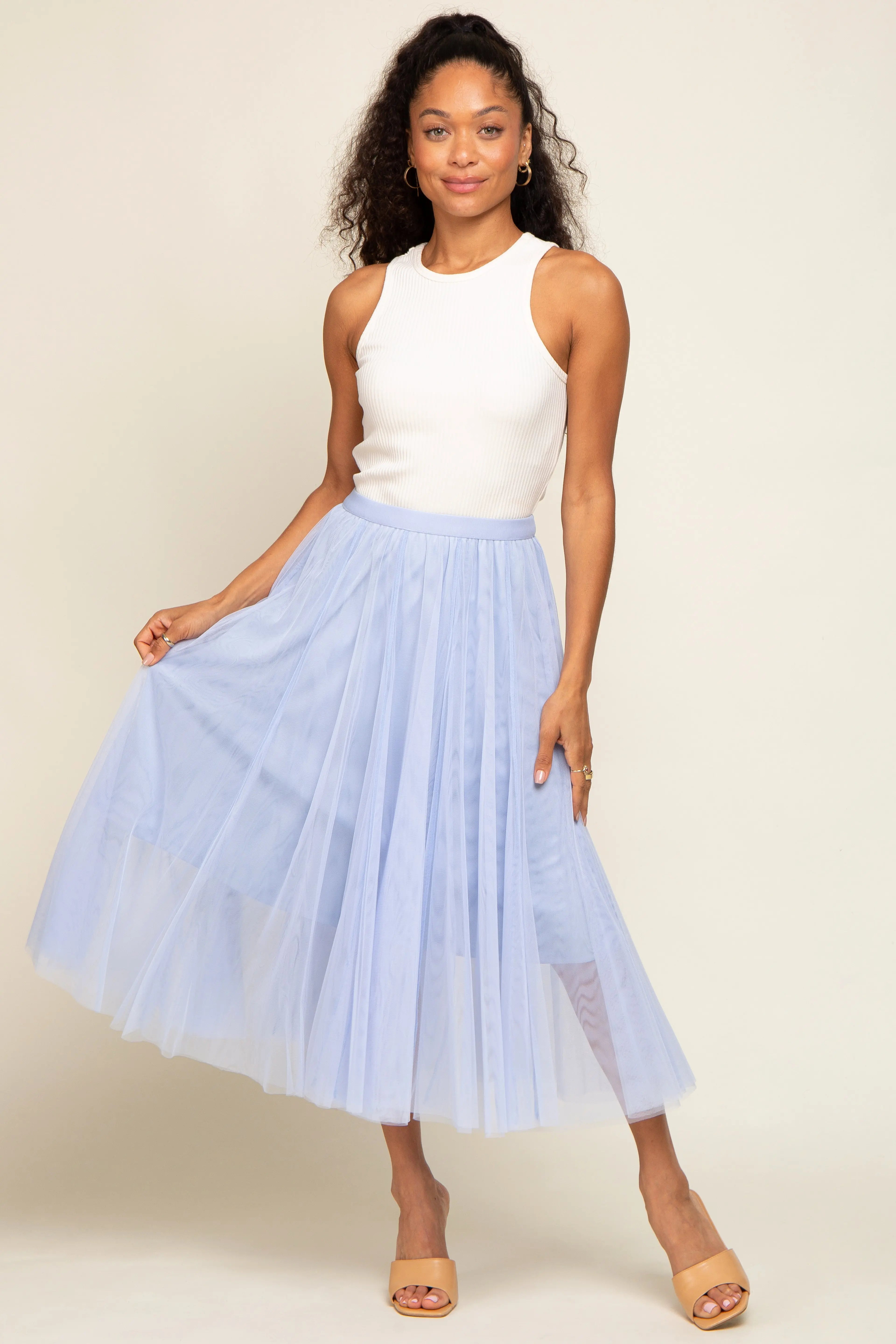 Light Blue Tulle Midi Skirt PinkBlush
