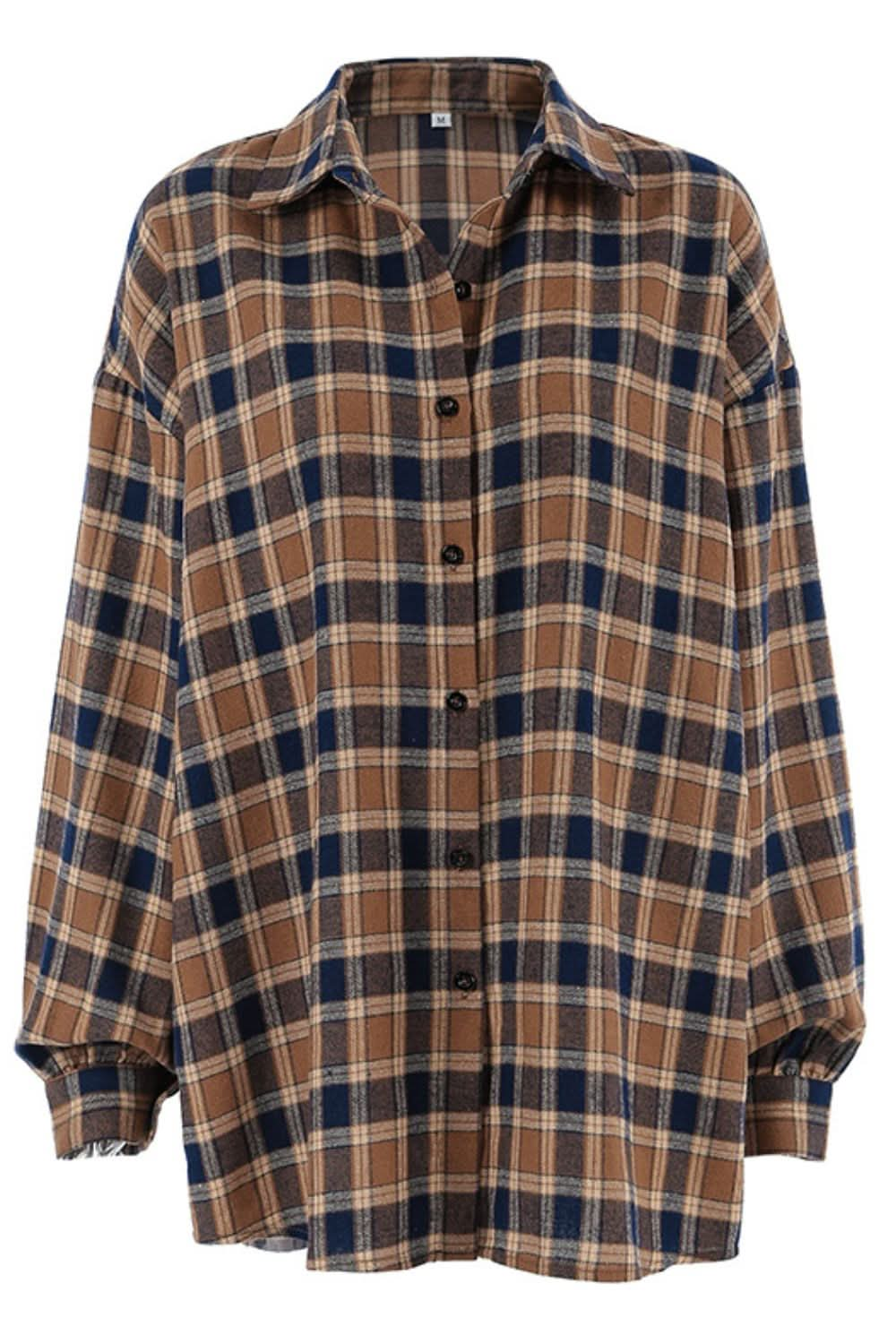 Plaid Oversized Button-Up Shacket with Drop Shoulders