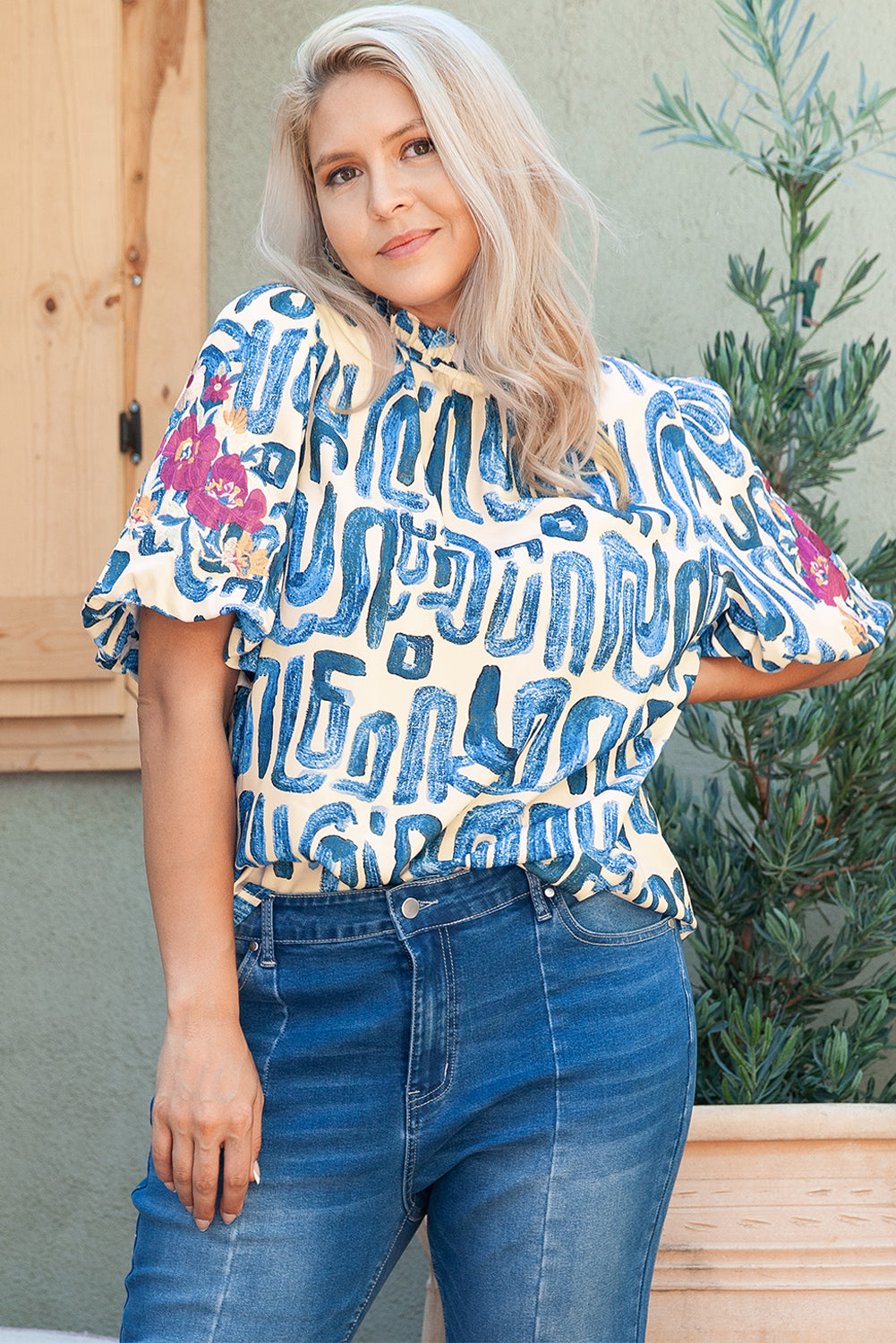 Sky Blue Striped Plus Size Floral Embroidered Puff Sleeve Blouse