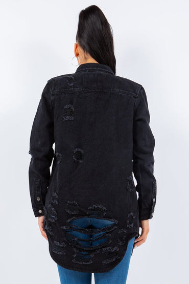 Distressed denim jacket for women