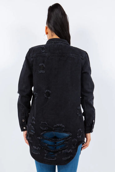 American Bazi Distressed Button Up Long Sleeve Denim Jacket - Love Salve 