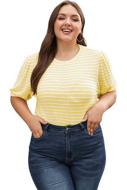 Chic yellow striped puff sleeve plus size jumper