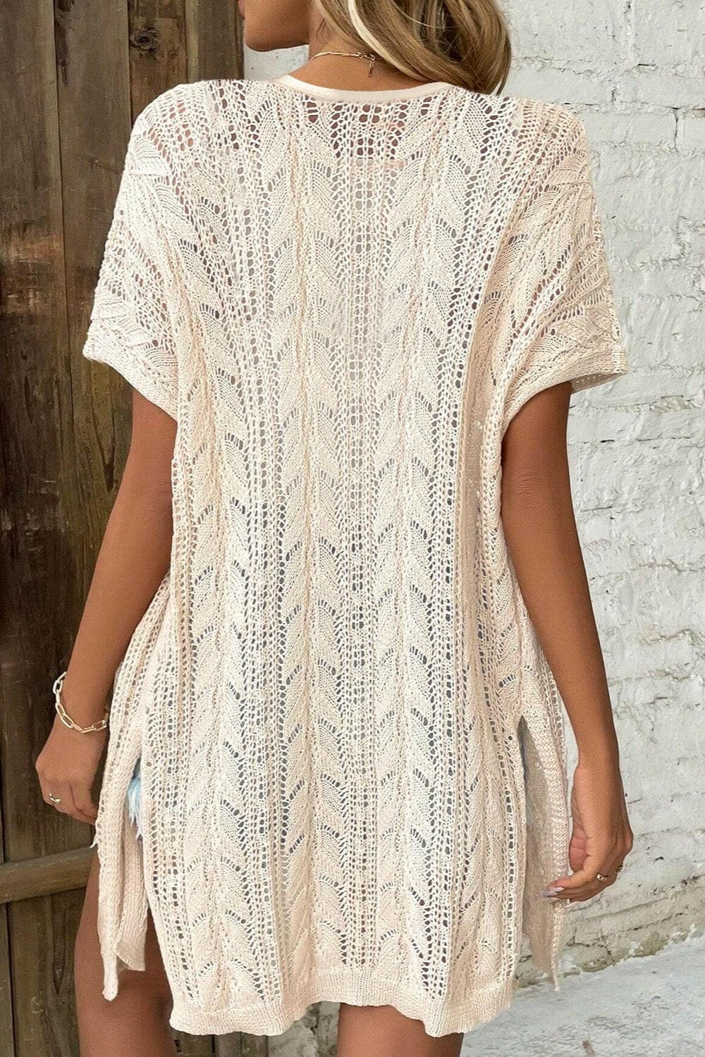 Openwork Open Front Short Sleeve Cardigan.