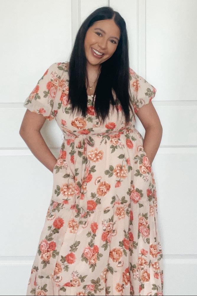 Pink Floral Button Puff Sleeve Midi Dress With Tie Waist And Tiered Skirt PinkBlush