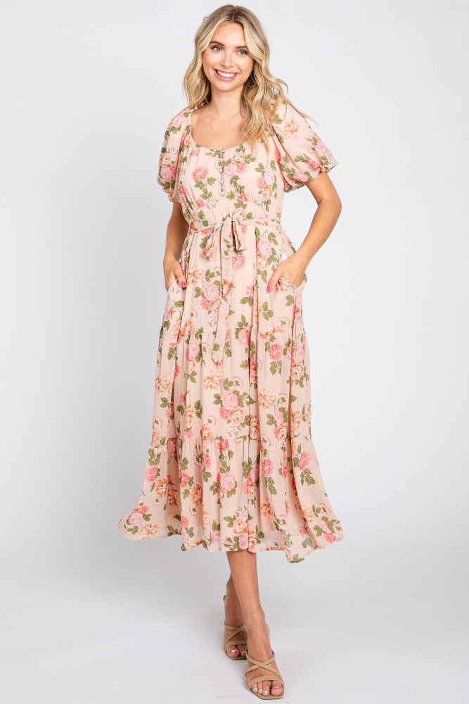 Pink Floral Button Puff Sleeve Midi Dress With Tie Waist And Tiered Skirt PinkBlush