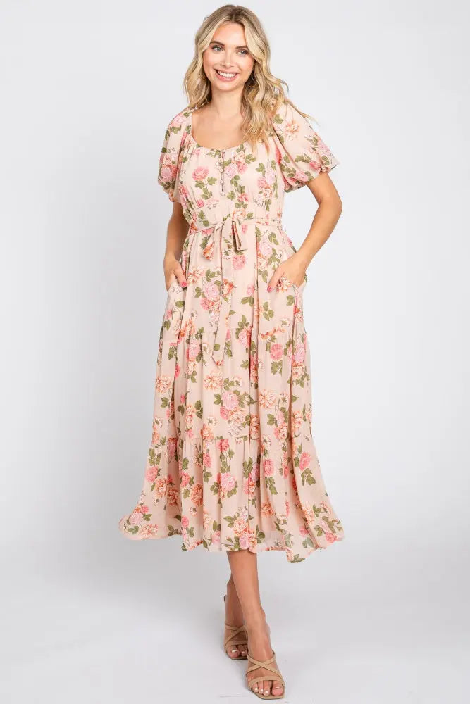Pink Floral Button Puff Sleeve Maternity Midi Dress PinkBlush