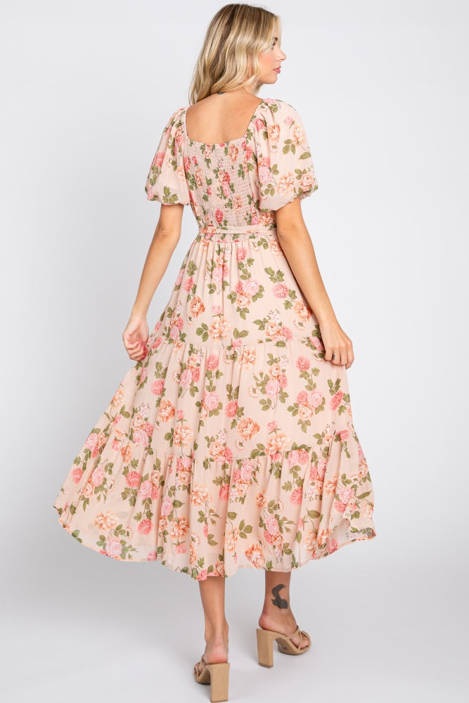 Pink Floral Button Puff Sleeve Midi Dress With Tie Waist And Tiered Skirt PinkBlush