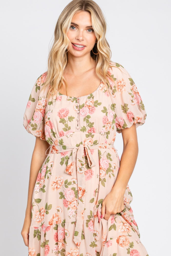 Pink Floral Button Puff Sleeve Midi Dress With Tie Waist And Tiered Skirt PinkBlush