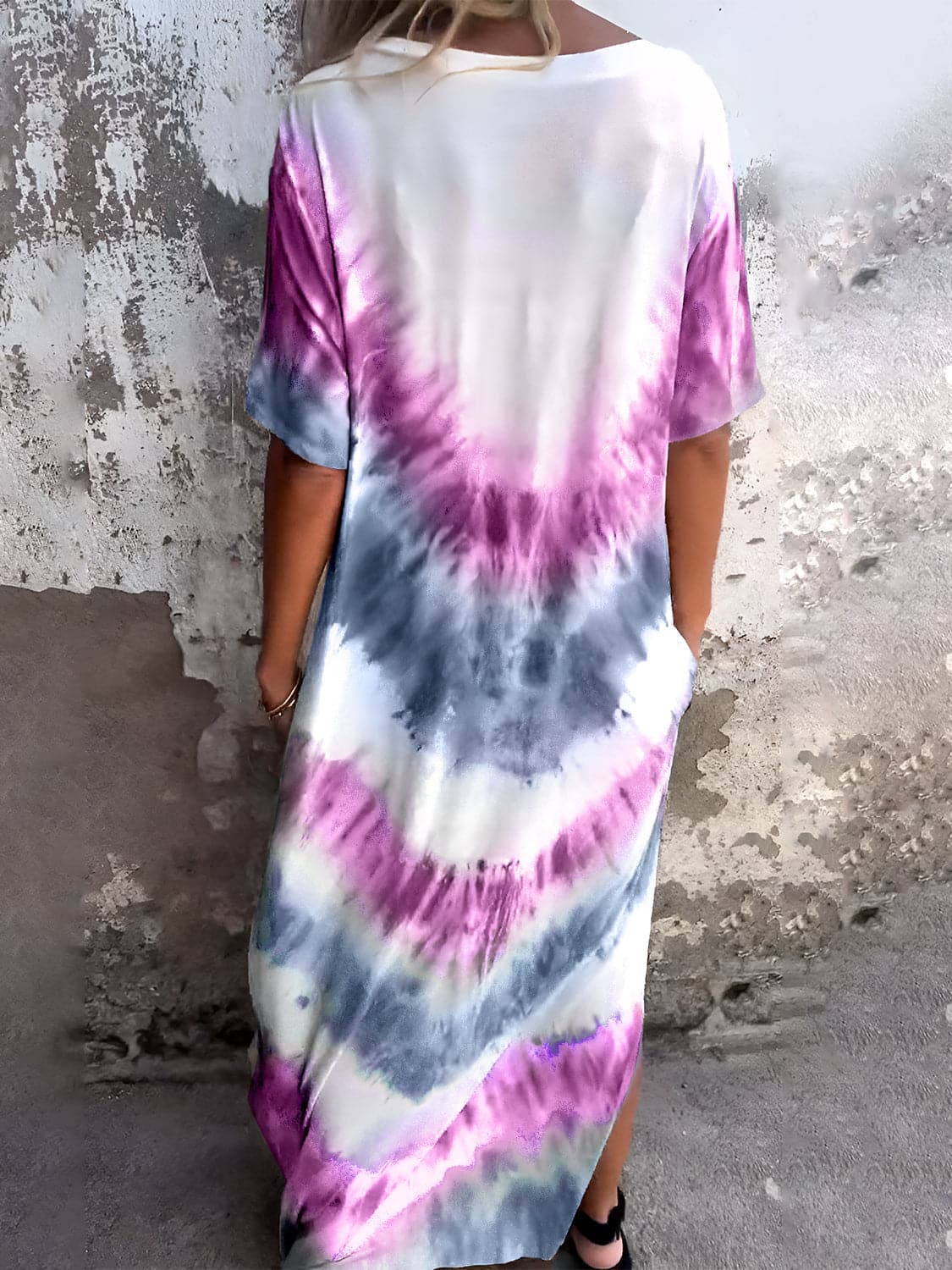 Full Size Pocketed Tie-Dye Short Sleeve Dress.