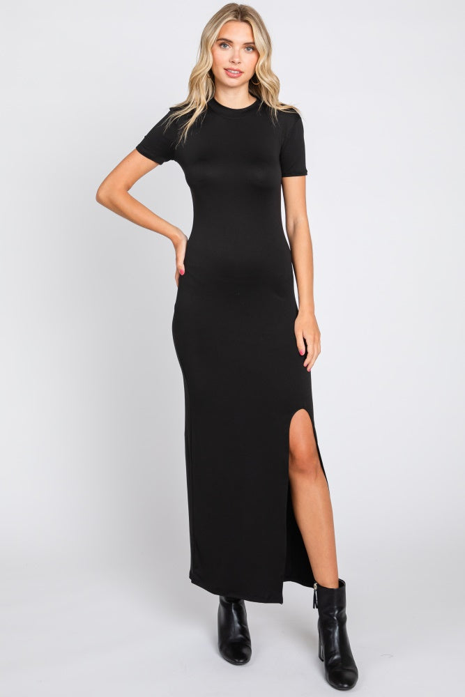 Black Mock Neck Front Slit Short Sleeve Maxi Dress PinkBlush