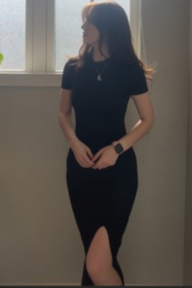 Black Mock Neck Front Slit Short Sleeve Maxi Dress PinkBlush