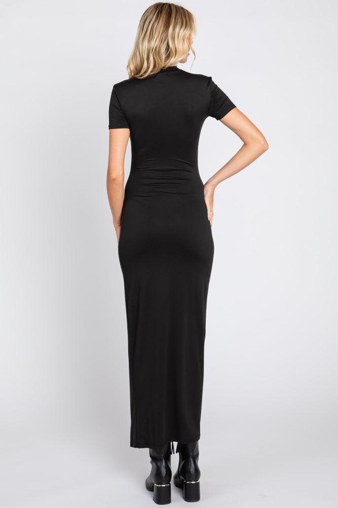 Black Mock Neck Front Slit Short Sleeve Maxi Dress PinkBlush