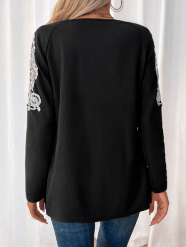 Perfee Lace Detail Quarter Zip Long Sleeve Top