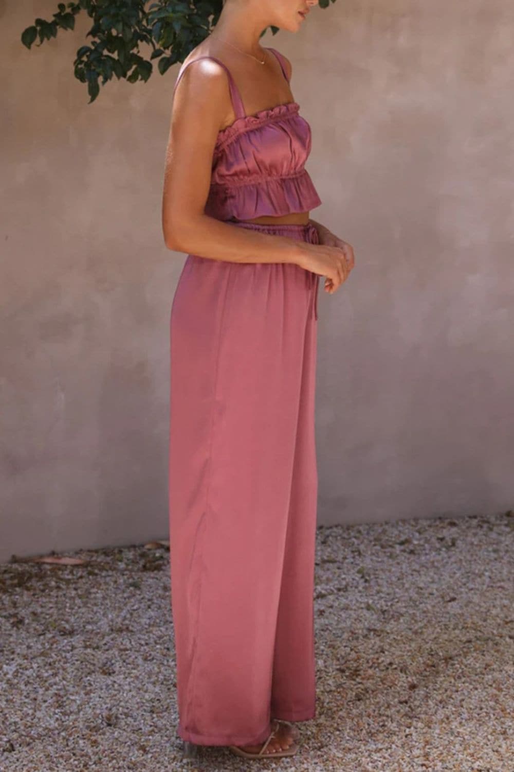 Ruffled Sleeveless Top and Wide Leg Pants Set.