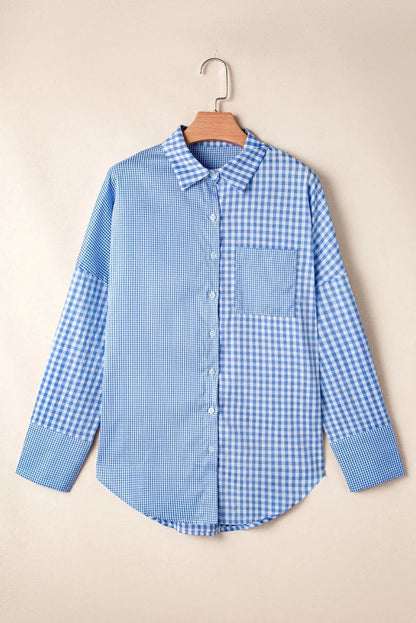 Plaid pocketed long sleeve collared shirt with a touch of stretch