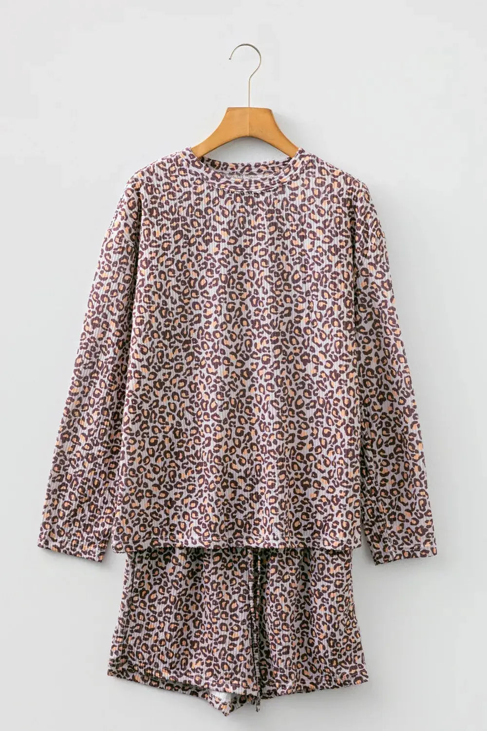 Leopard Ribbed Long Sleeve Top Drawstring Shorts 2pcs Outfit Simply Love