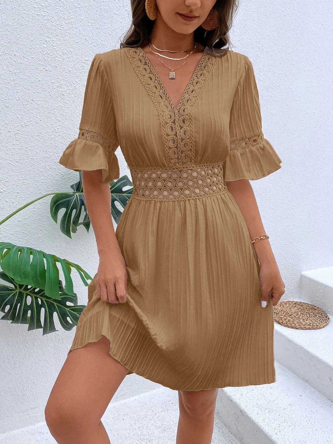 Cutout V-Neck Flounce Sleeve Mini Dress.