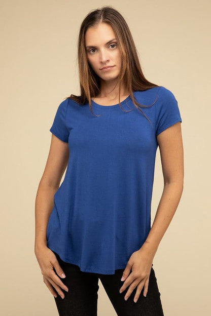 Flowy Round Hem Rayon Short Sleeve Top.