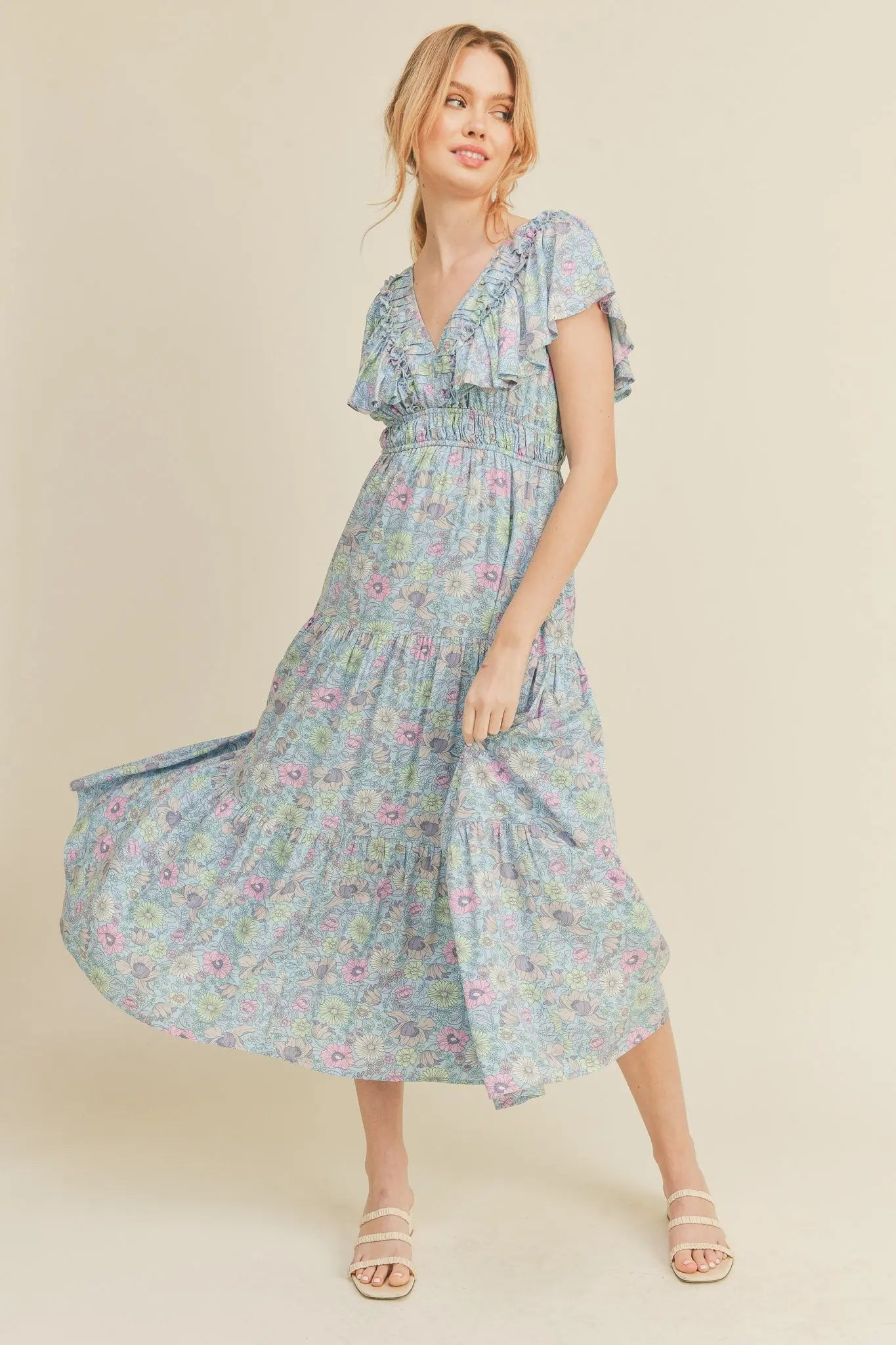Sky Blue Floral Tiered Midi Dress With Ruffle Sleeves PinkBlush