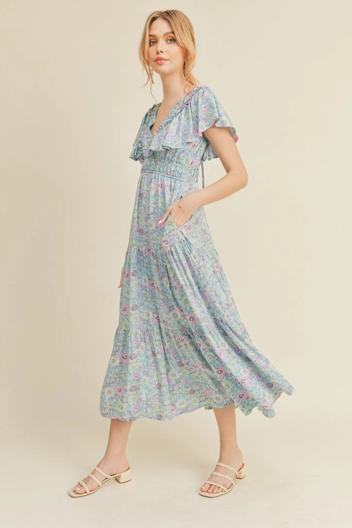 Sky Blue Floral Tiered Midi Dress With Ruffle Sleeves PinkBlush