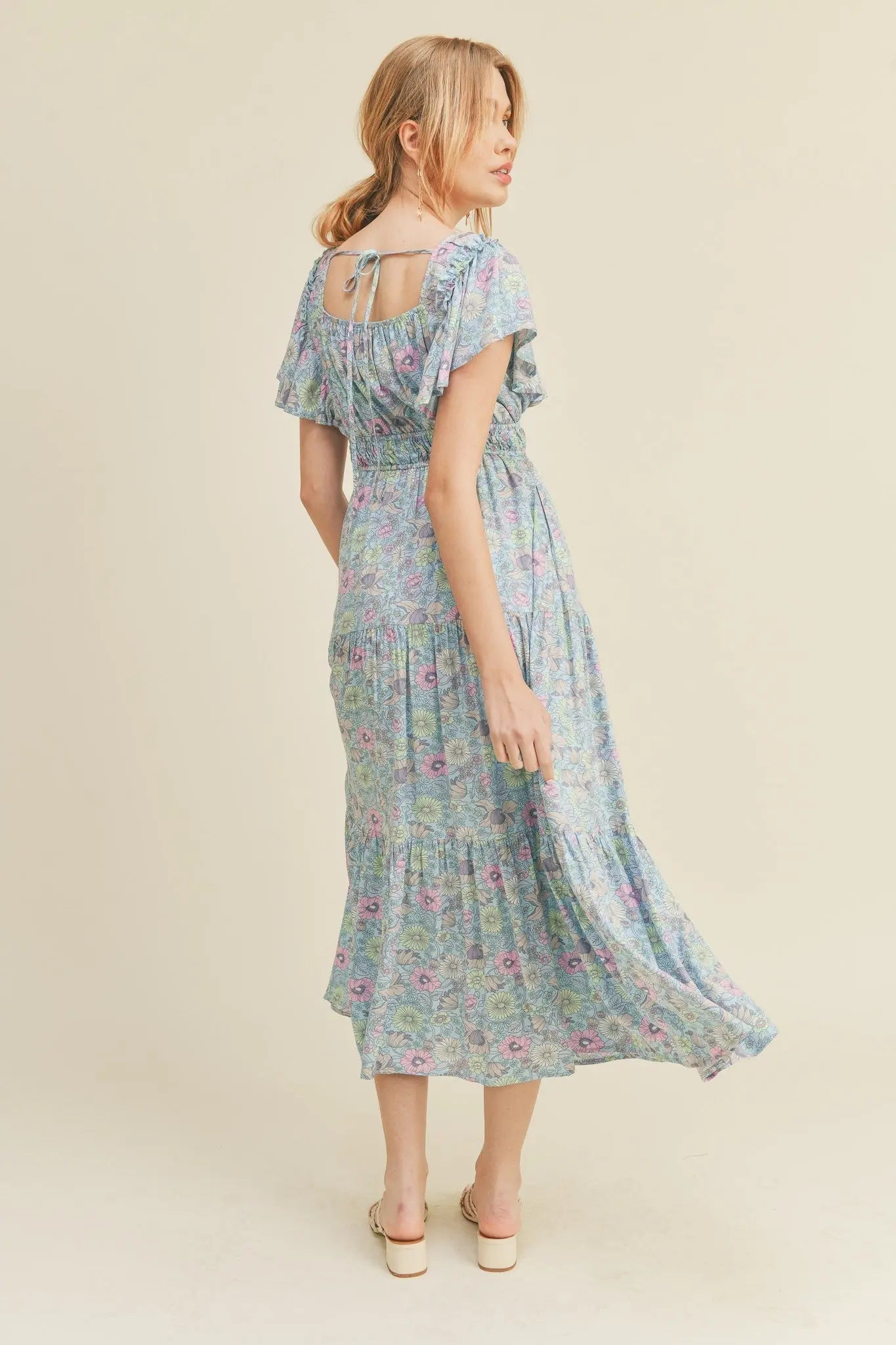 Sky Blue Floral Tiered Midi Dress With Ruffle Sleeves PinkBlush