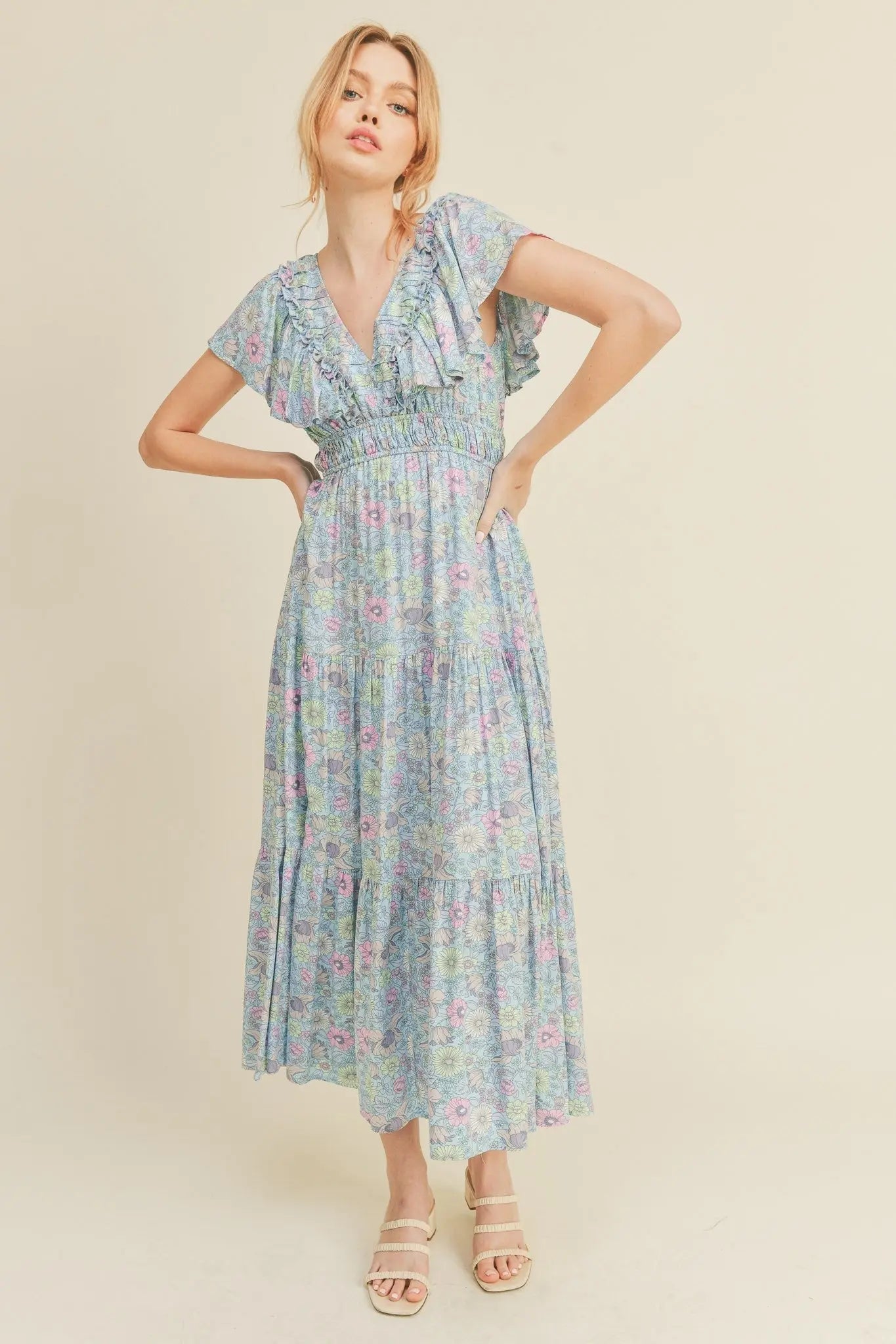 Sky Blue Floral Tiered Midi Dress With Ruffle Sleeves PinkBlush